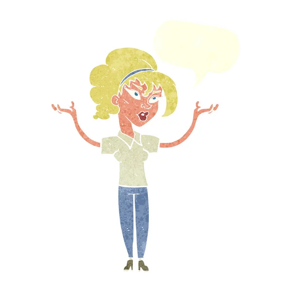 Cartoon kvinna öka händer i luften med pratbubblan — Stock vektor