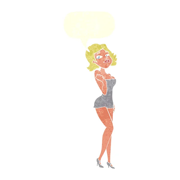 Cartoon attraktiv kvinna i kort klänning med pratbubblan — Stock vektor