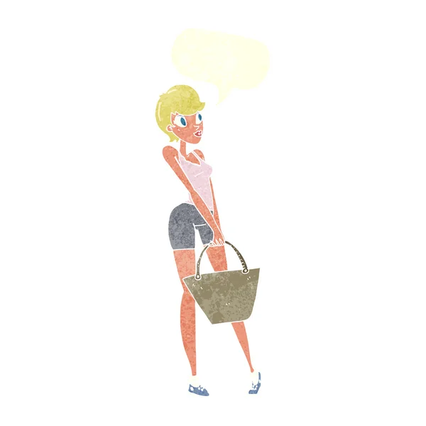 Karikatür çekici kadın konuşma balonuyla alışveriş yapıyor — Stok Vektör