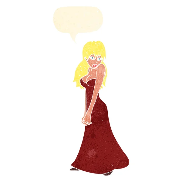 Мультфильм красивая женщина в платье с мыльным пузырем речи — стоковый вектор
