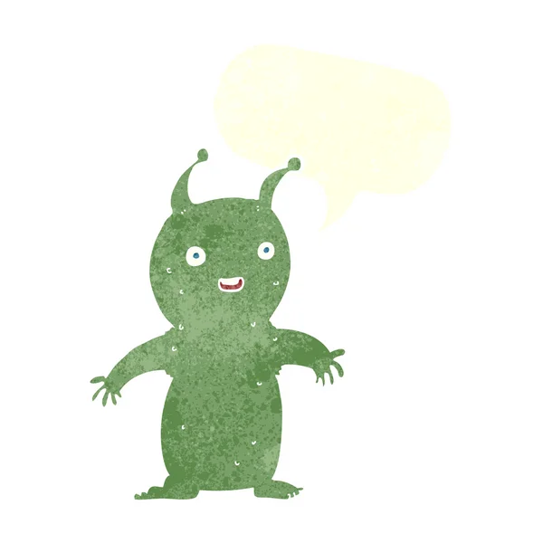 Desenho animado pequeno alienígena feliz com bolha de fala — Vetor de Stock