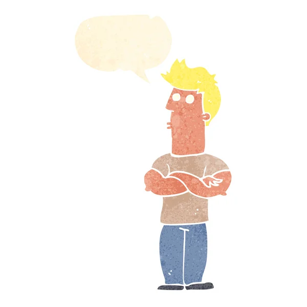 Kreslený muž se založenýma rukama s řečovou bublinou — Stockový vektor