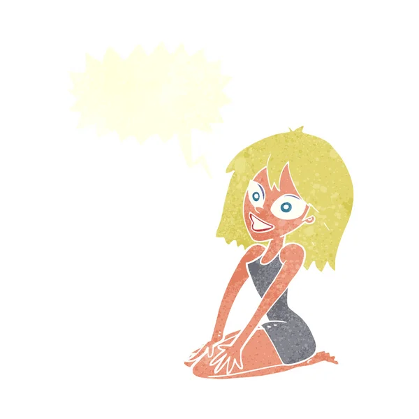 Cartone animato donna felice in abito con bolla discorso — Vettoriale Stock