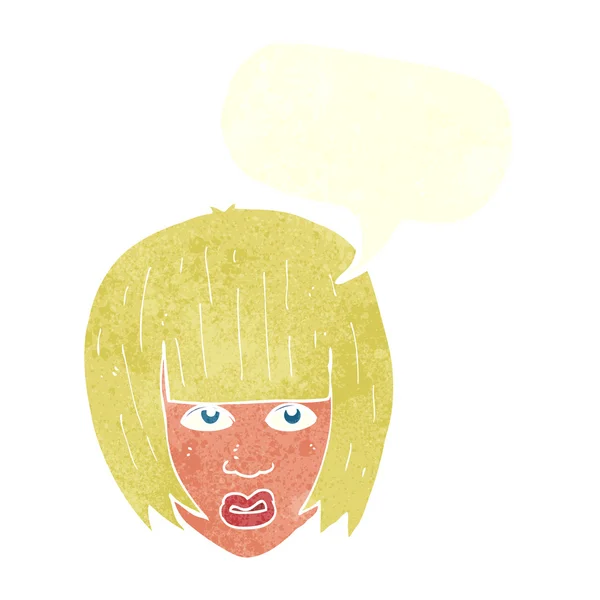 Desenho animado irritado menina com cabelo grande com bolha de fala — Vetor de Stock