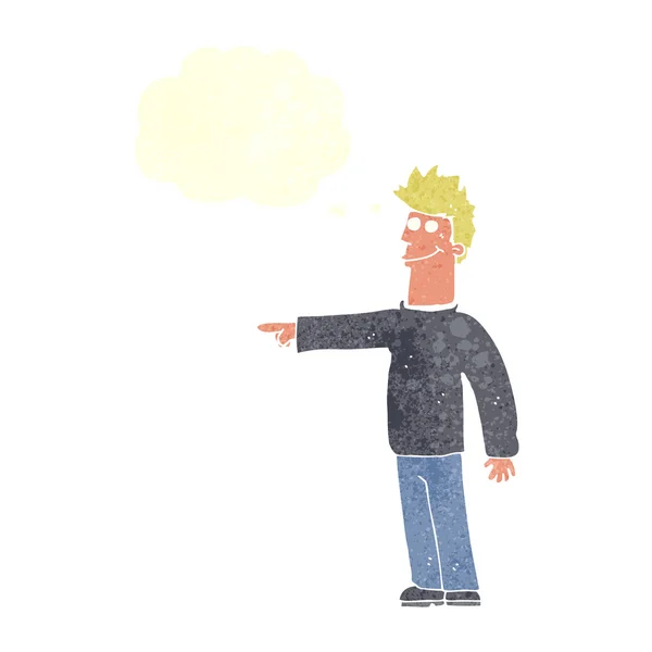 Cartoon happy pointing man with speech bubble — Stock Vector