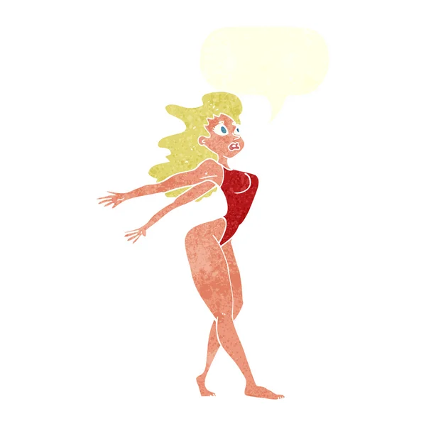 Dibujos animados mujer sexy en traje de baño con burbuja del habla — Vector de stock