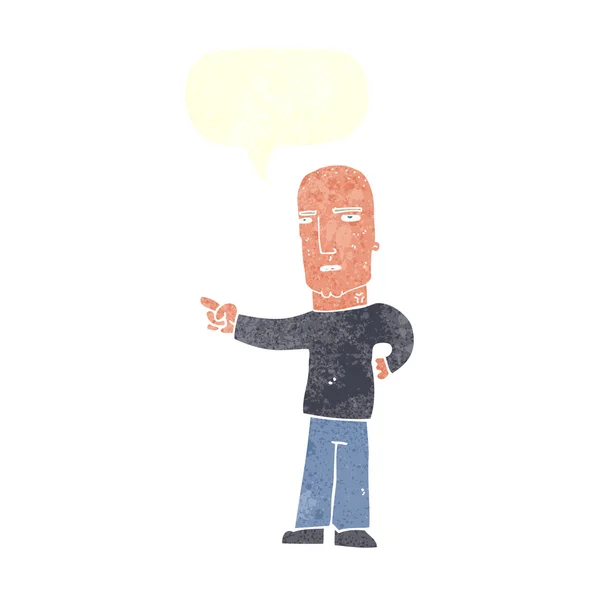 Καρτούν σκληρός τύπος που δείχνει με φούσκα ομιλία — Διανυσματικό Αρχείο