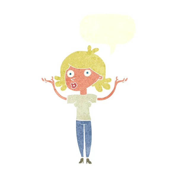 Mujer de dibujos animados lanzando brazos en el aire con la burbuja del habla — Vector de stock