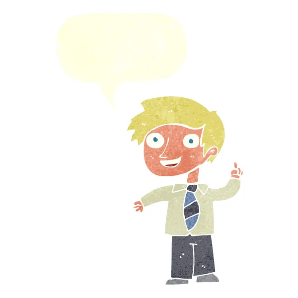 Cartoon school jongen met idee met spraakbel — Stockvector