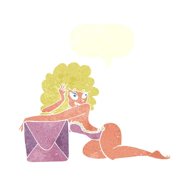 Dibujos animados pin up mujer con caja con burbuja de habla — Archivo Imágenes Vectoriales