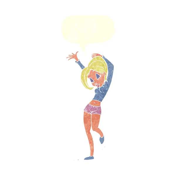 Cartoon vackra kvinnan dansar med pratbubblan — Stock vektor