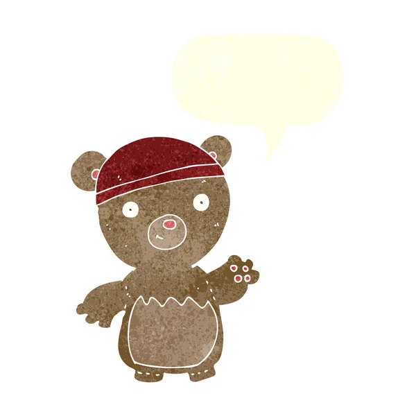 Γελοιογραφία αρκουδάκι που φοράει καπέλο με το συννεφάκι λόγου — Διανυσματικό Αρχείο