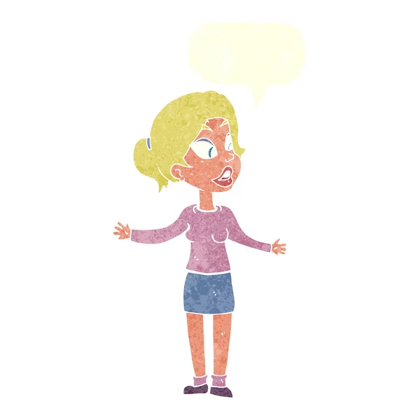 Karikatur hübsche Frau erklärt etwas mit Sprechblase — Stockvektor