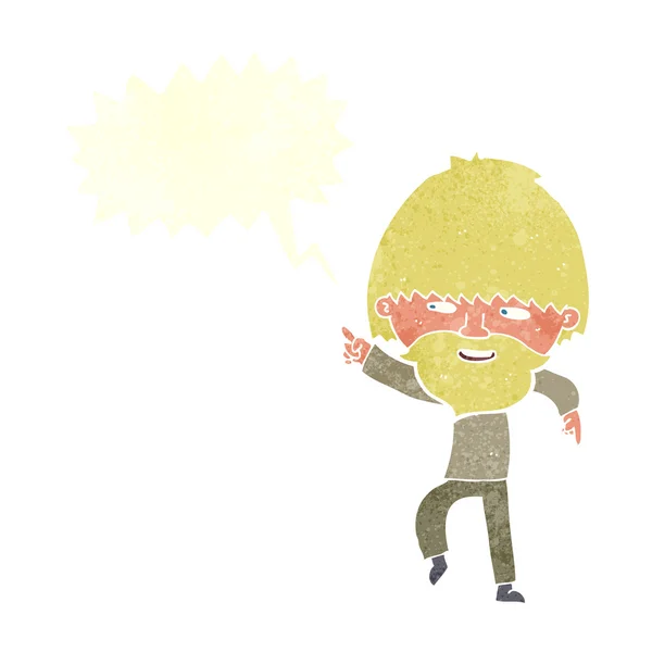 Karikatur bärtiger Mann zeigt und lacht mit Sprechblase — Stockvektor