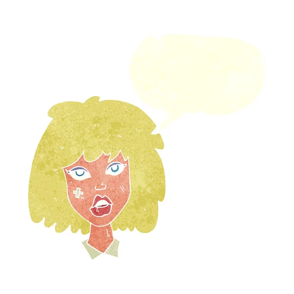 Kobieta z kreskówki z siniakiem twarz z bańki mowy — Wektor stockowy