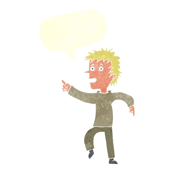 Cartoon happy man pointing with speech bubble — Stock Vector