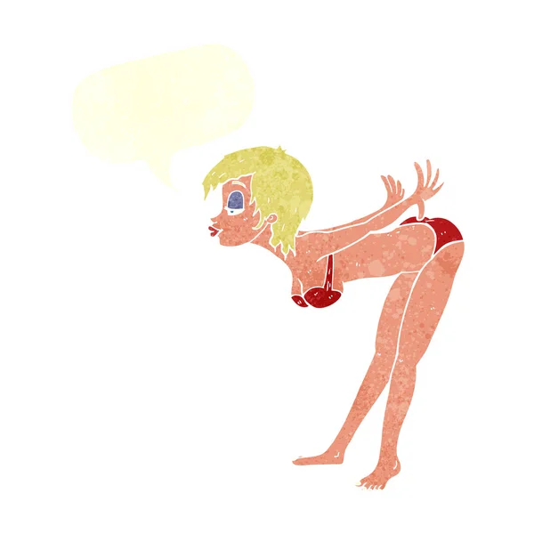 Dibujos animados pin up chica en bikini con burbuja del habla — Vector de stock