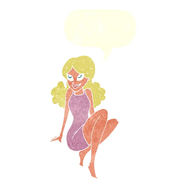 Dibujos animados mujer atractiva posando con burbuja del habla — Vector de stock