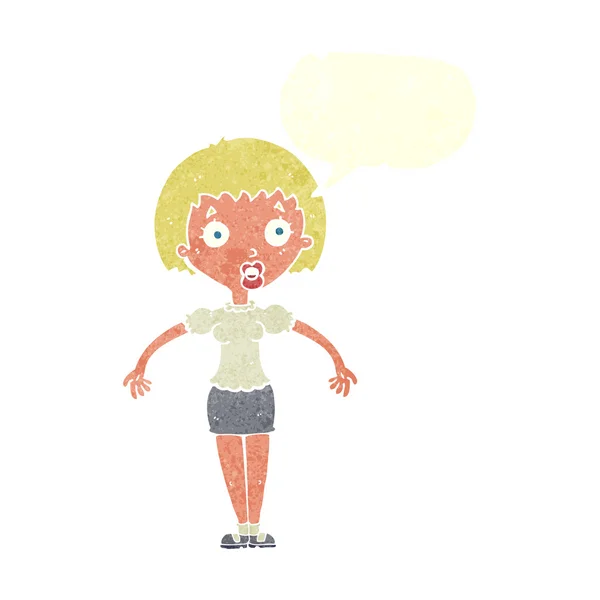 Dessin animé confuse femme haussant les épaules avec bulle de parole — Image vectorielle