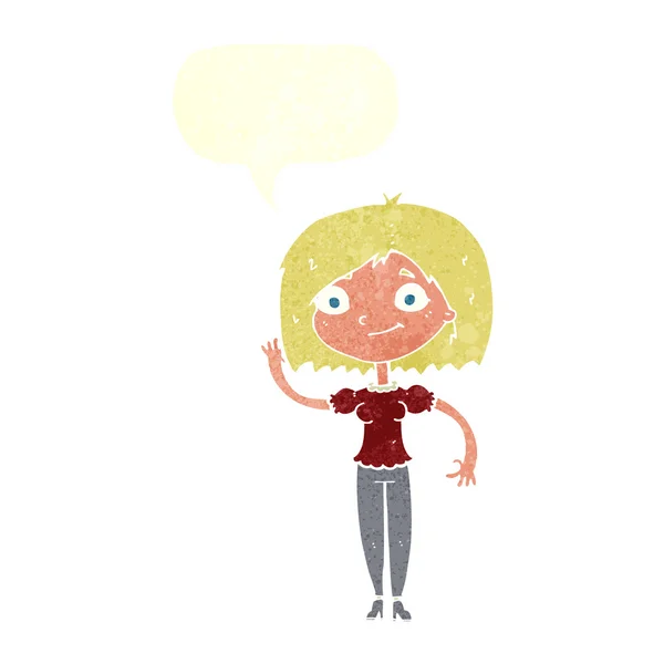 Mujer de dibujos animados ondeando con la burbuja del habla — Vector de stock