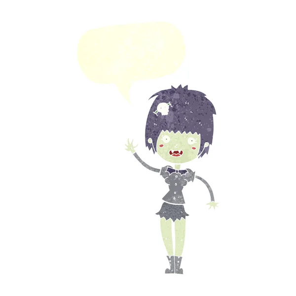 Desenho animado acenando vampiro menina com fala bolha — Vetor de Stock
