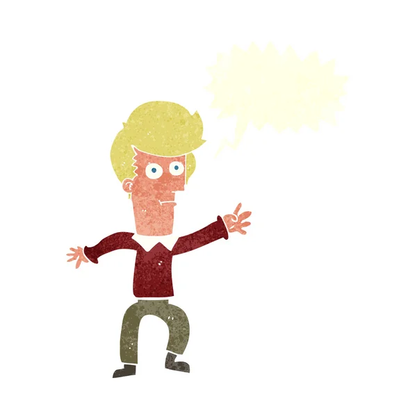 Homem dos desenhos animados acenando com bolha de fala — Vetor de Stock