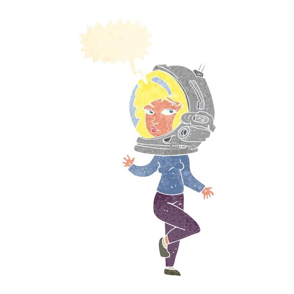 Mulher dos desenhos animados usando capacete espaço com bolha de fala —  Vetores de Stock