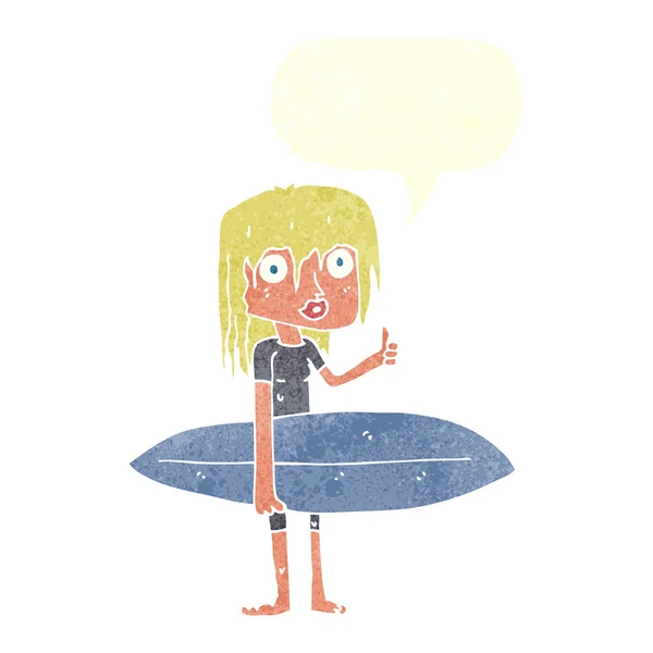 Cartoon surfer girl with speech bubble — Stock Vector