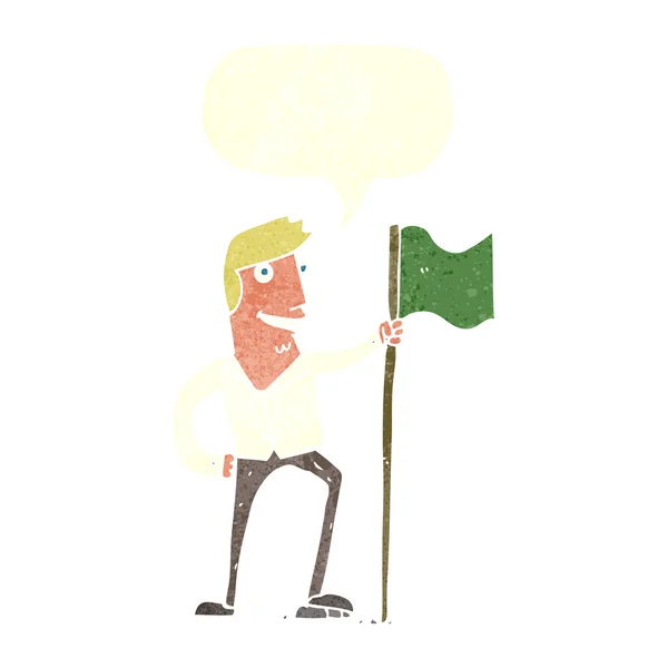 Cartoon man planting flag with speech bubble — Stock Vector