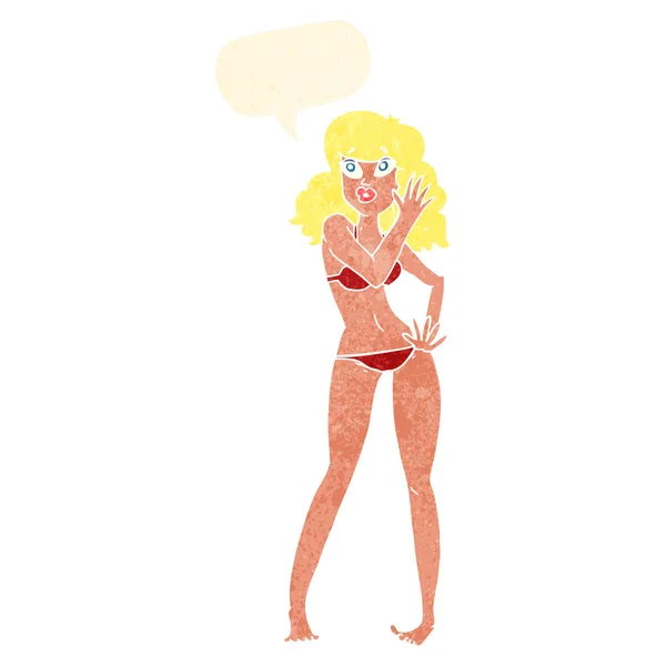 Cartone animato bella donna in bikini con bolla discorso — Vettoriale Stock