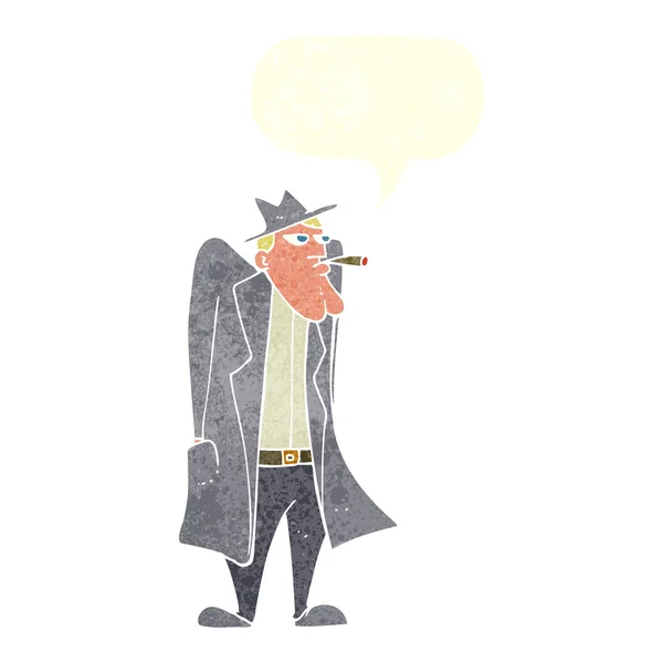 Dessin animé homme en chapeau et trench coat avec bulle de parole — Image vectorielle