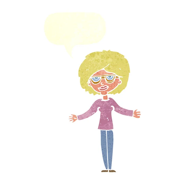 Femme dessin animé portant des lunettes avec bulle de parole — Image vectorielle