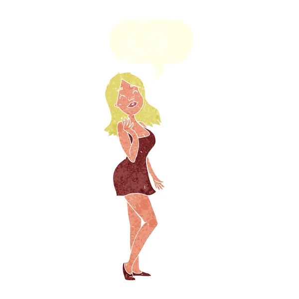 Dibujos animados mujer bonita en vestido de cóctel con burbuja de habla — Vector de stock