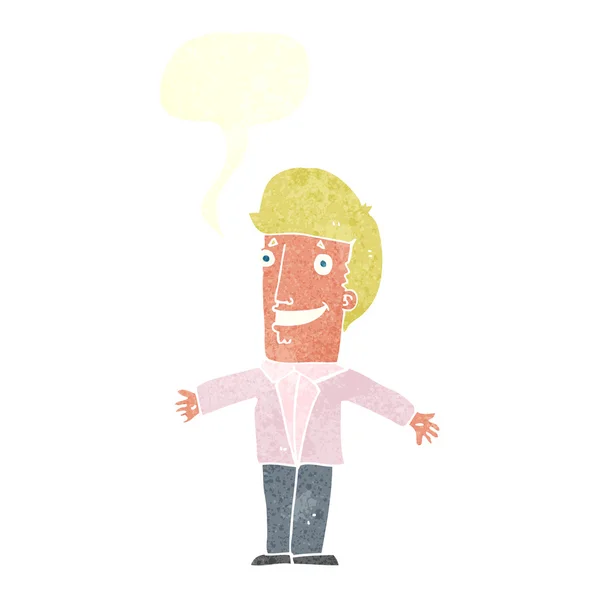 Hombre sonriente de dibujos animados con los brazos abiertos con burbuja de habla — Vector de stock