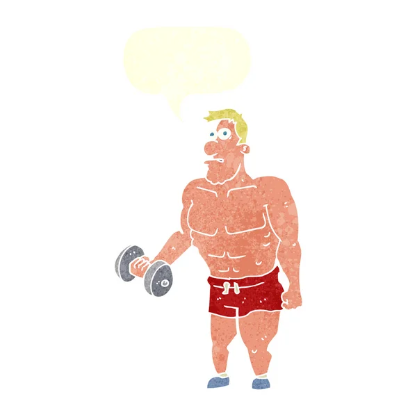 Uomo dei cartoni animati sollevamento pesi con bolla discorso — Vettoriale Stock