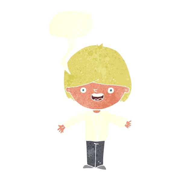 Desenho animado menino feliz com braços abertos com bolha de fala — Vetor de Stock