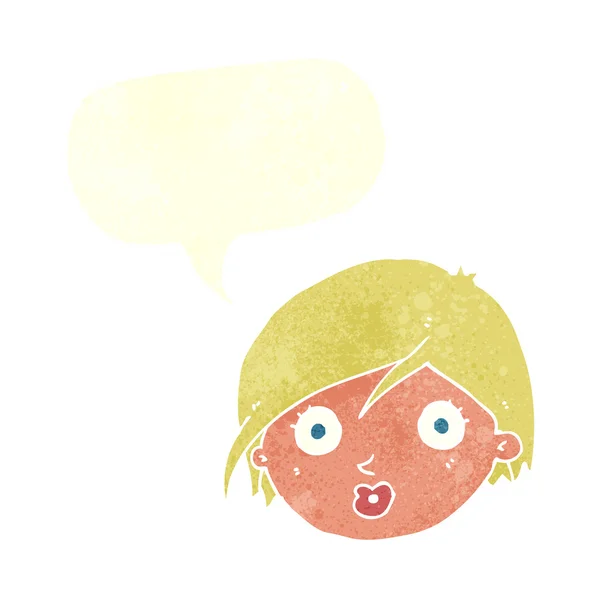 Cartone animato sorpreso volto femminile con la bolla discorso — Vettoriale Stock