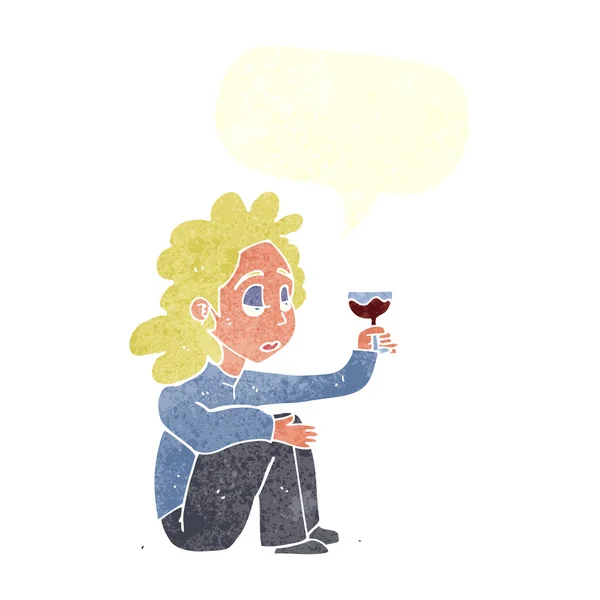 Мультяшная несчастная женщина с бокалом вина с речевым пузырем — стоковый вектор