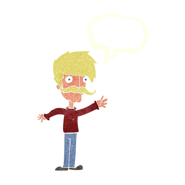 Cartoon waving mustache man with speech bubble — Stock Vector