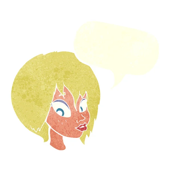 Cartoon mooi vrouwelijk gezicht pruilen met spraak zeepbel — Stockvector