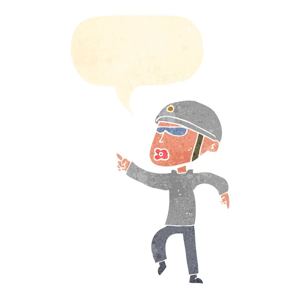 Homem dos desenhos animados em capacete de bicicleta apontando com bolha de fala — Vetor de Stock