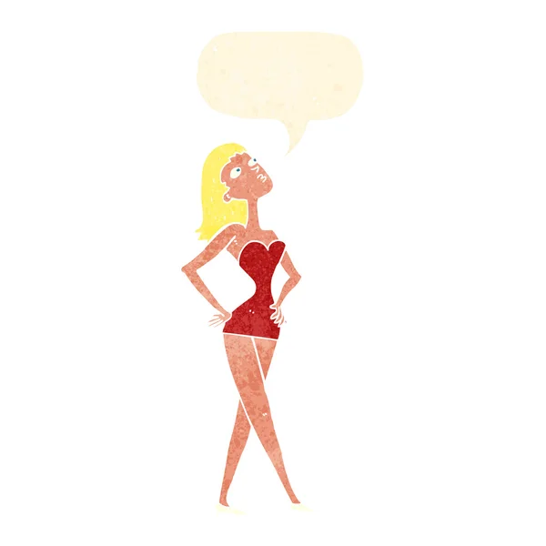 Mujer de dibujos animados en vestido de fiesta con burbuja de habla — Vector de stock