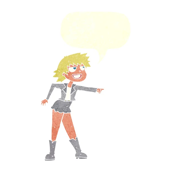Mulher dos desenhos animados apontando com bolha de fala — Vetor de Stock