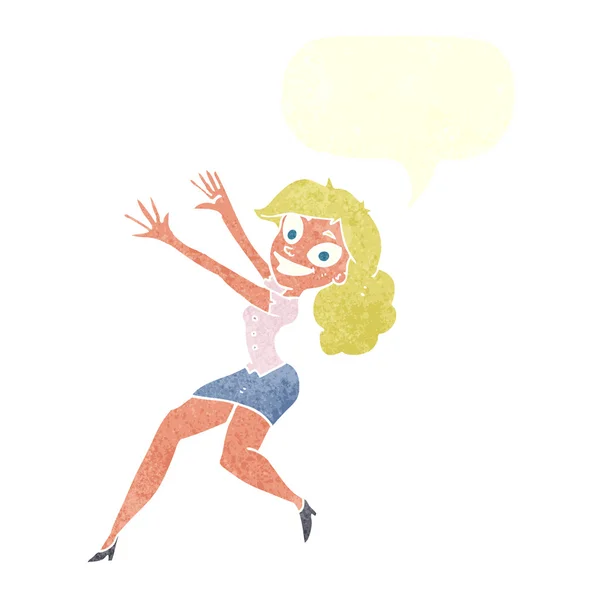 Dibujos animados mujer feliz saltando con la burbuja del habla — Archivo Imágenes Vectoriales