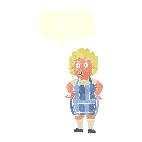 Mulher dos desenhos animados em avental de cozinha com bolha de fala —  Vetores de Stock