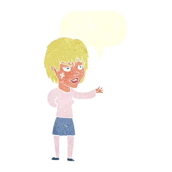 Kobieta kreskówka z plastrem na twarz z dymek — Wektor stockowy