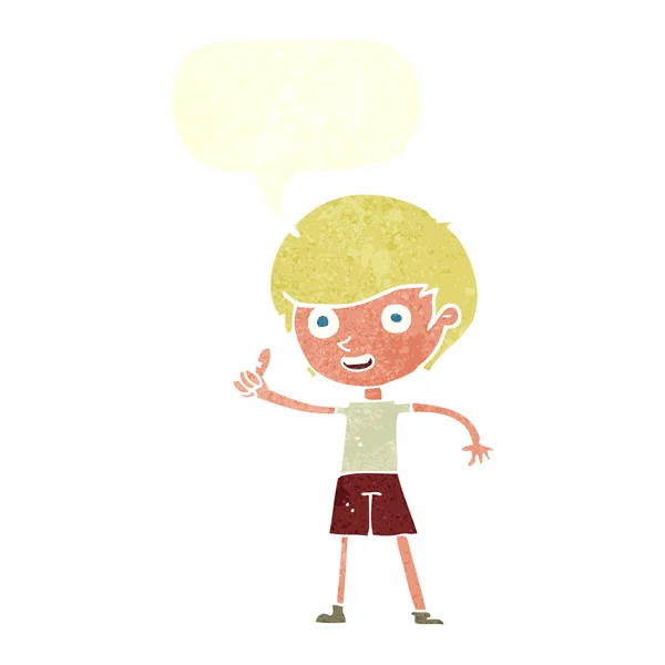 Dibujos animados niño dando pulgares hacia arriba símbolo con burbuja de habla — Archivo Imágenes Vectoriales