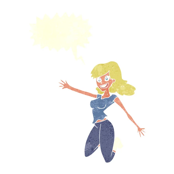 Cartoon jumping woman with speech bubble — Stock Vector