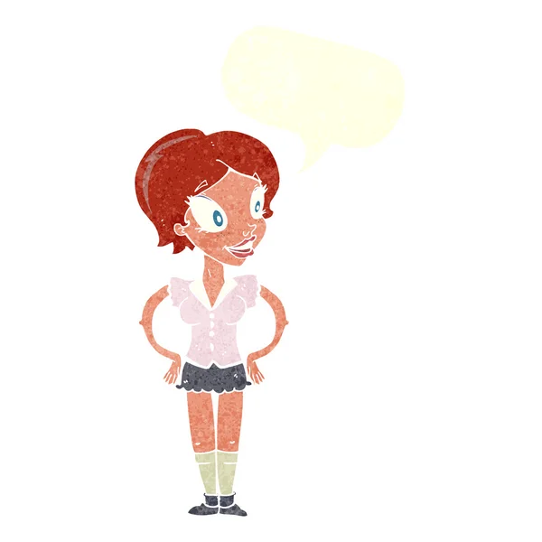 Cartoon happy woman in short skirt with speech bubble — Stock Vector