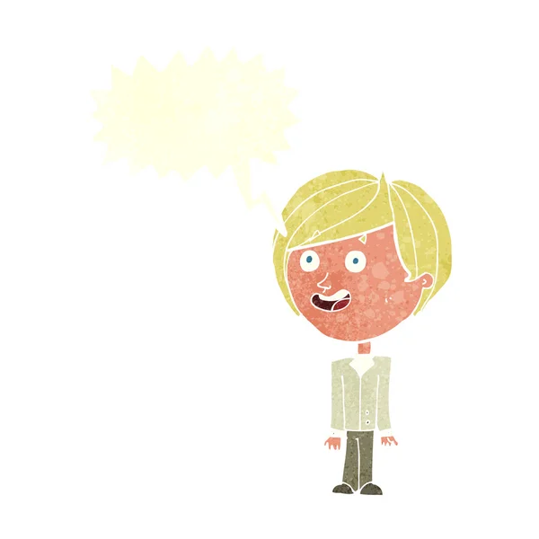 Cartoon happy surprised boy with speech bubble — Stock Vector